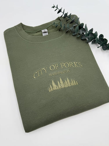 City of Forks Embroidered Sweatshirt | Washington Hoodie | Unisex Crewneck | Forest Embroidery | Twilight-Inspired Gift | Custom Colors